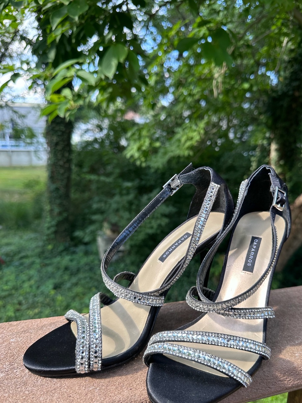 Caparros Black Strappy Crystal-Embellished Heels